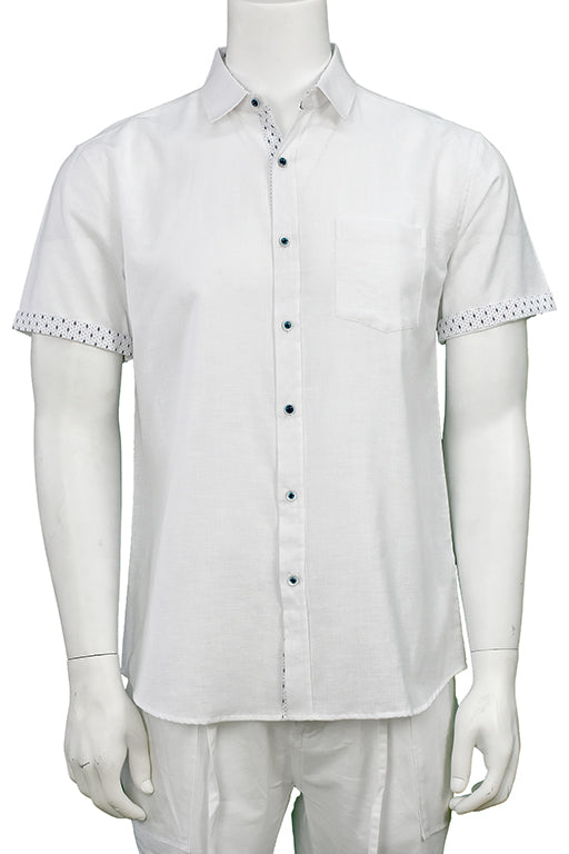 Men's LINEN LOOK S/S Button Down Shirt Contrast Slv Trim - WHITE - MLL3499B-6 PCS/PRE-PACK