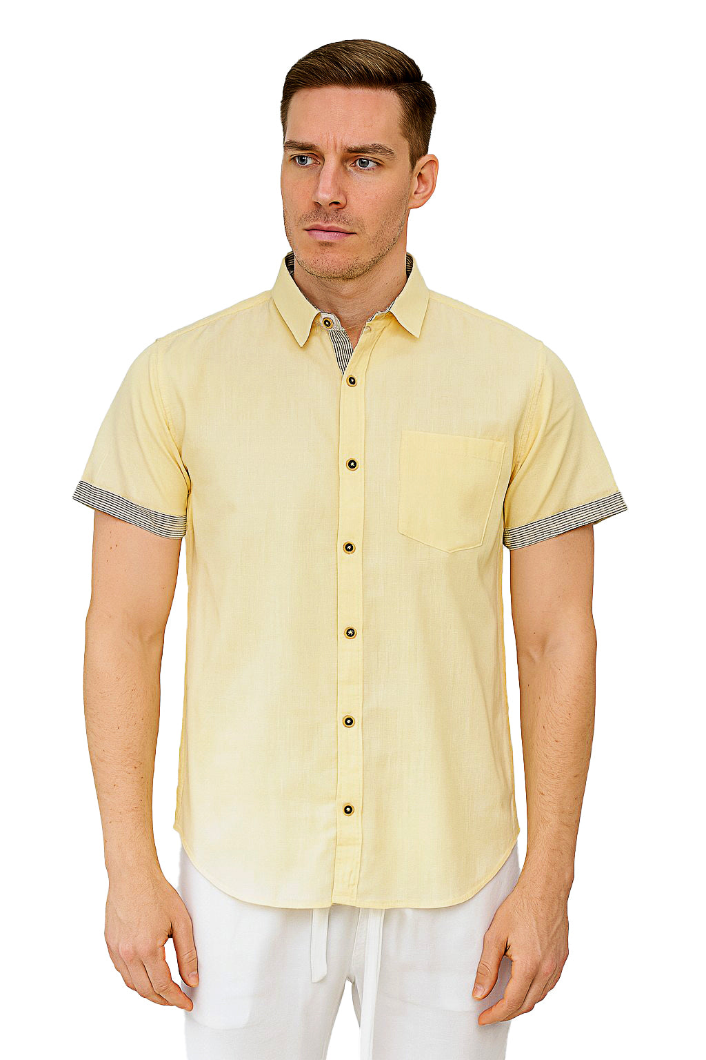 Men's LINEN LOOK S/S Button Down Shirt Contrast Slv Trim - IVORY - MLL3499 -COLOR OPTIONS - MLL3499 - 6 PCS/PRE-PACK