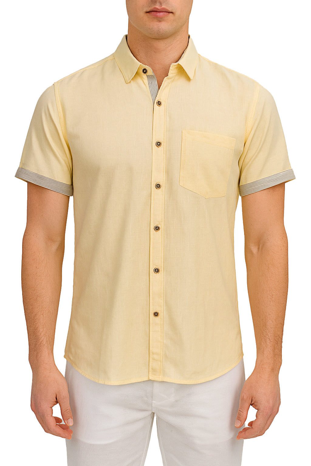 Men's LINEN LOOK S/S Button Down Shirt Contrast Slv Trim - IVORY - MLL3499 -COLOR OPTIONS - MLL3499 - 6 PCS/PRE-PACK