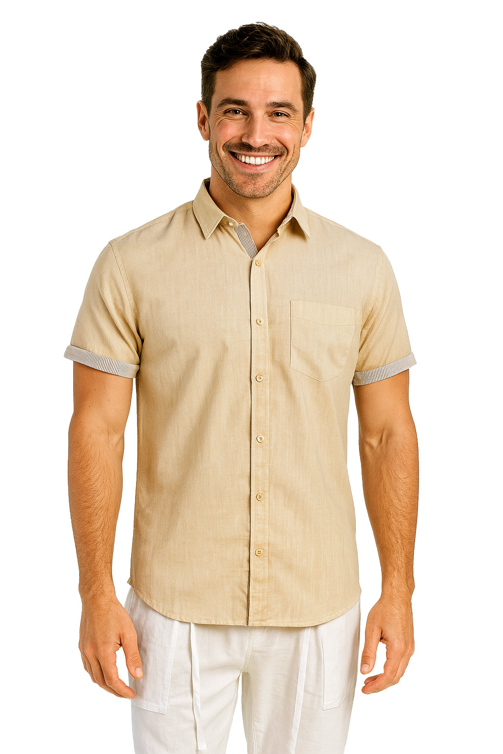 Men's LINEN LOOK S/S Button Down Shirt Contrast Slv Trim-PINK- MLL3500 - Color Options - 6 PCS/PRE-PACK
