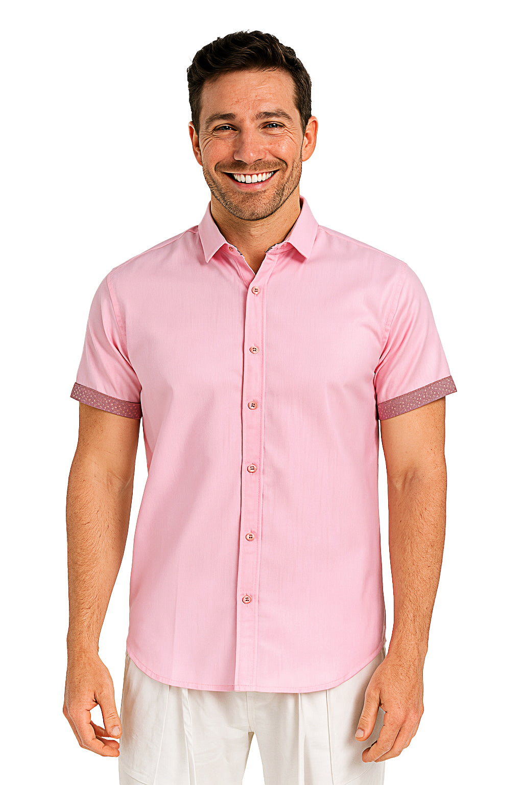 Men's LINEN LOOK S/S Button Down Shirt Contrast Slv Trim-PINK- MLL3500 - Color Options - 6 PCS/PRE-PACK