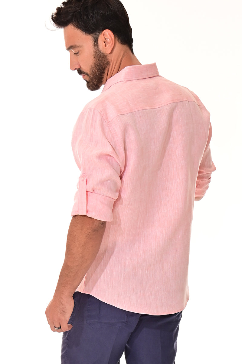 Men Linen Yarn Dye Roll-Up Slv Shirt-RED-Color Options-MLS1358-6 PCS/PRE-PACK