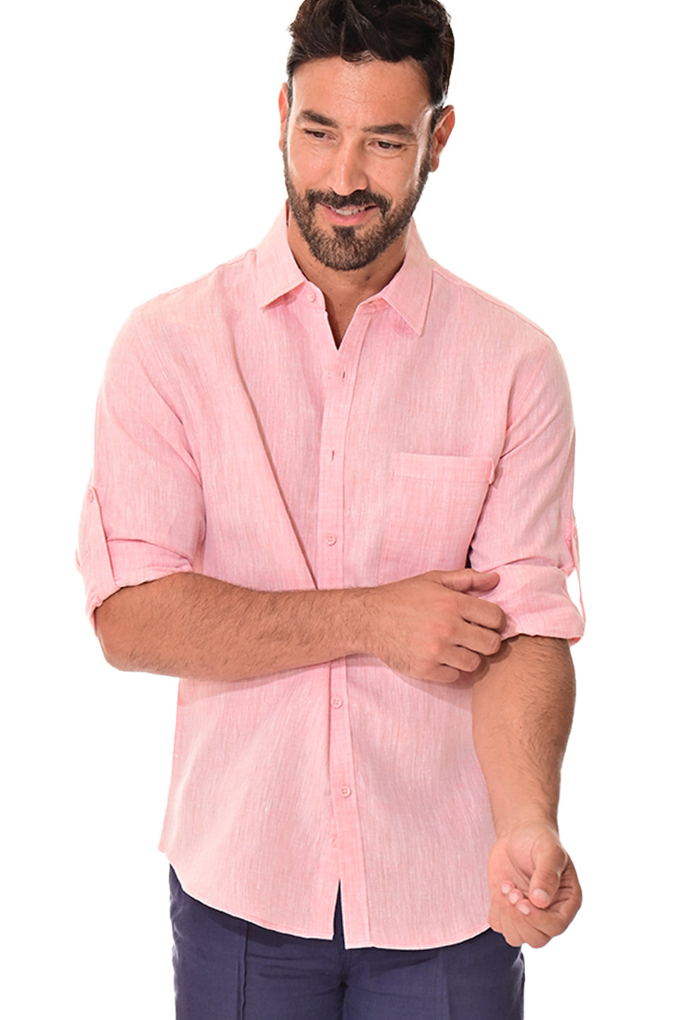 Men Linen Yarn Dye Roll-Up Slv Shirt-RED-Color Options-MLS1358-6 PCS/PRE-PACK