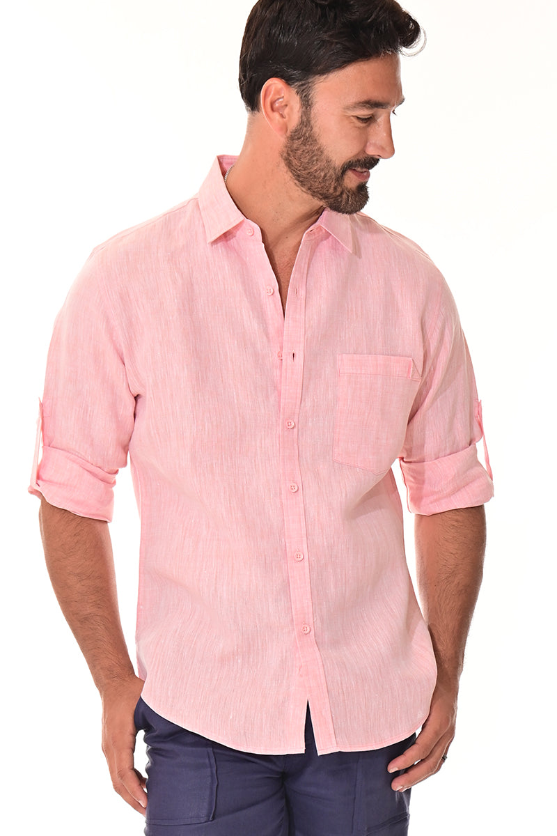 Men Linen Yarn Dye Roll-Up Slv Shirt-RED-Color Options-MLS1358-6 PCS/PRE-PACK