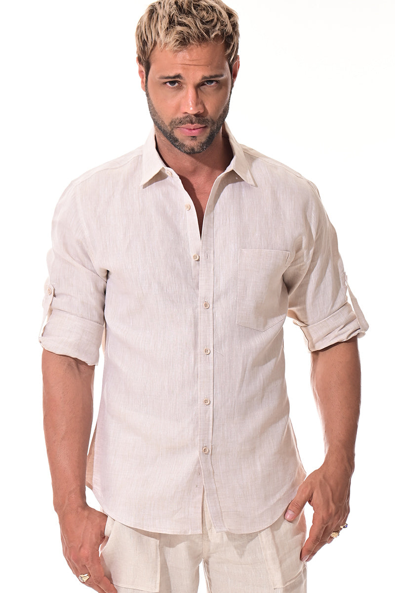 Men Linen Yarn Dye Roll-Up Slv Shirt-RED-Color Options-MLS1358-6 PCS/PRE-PACK