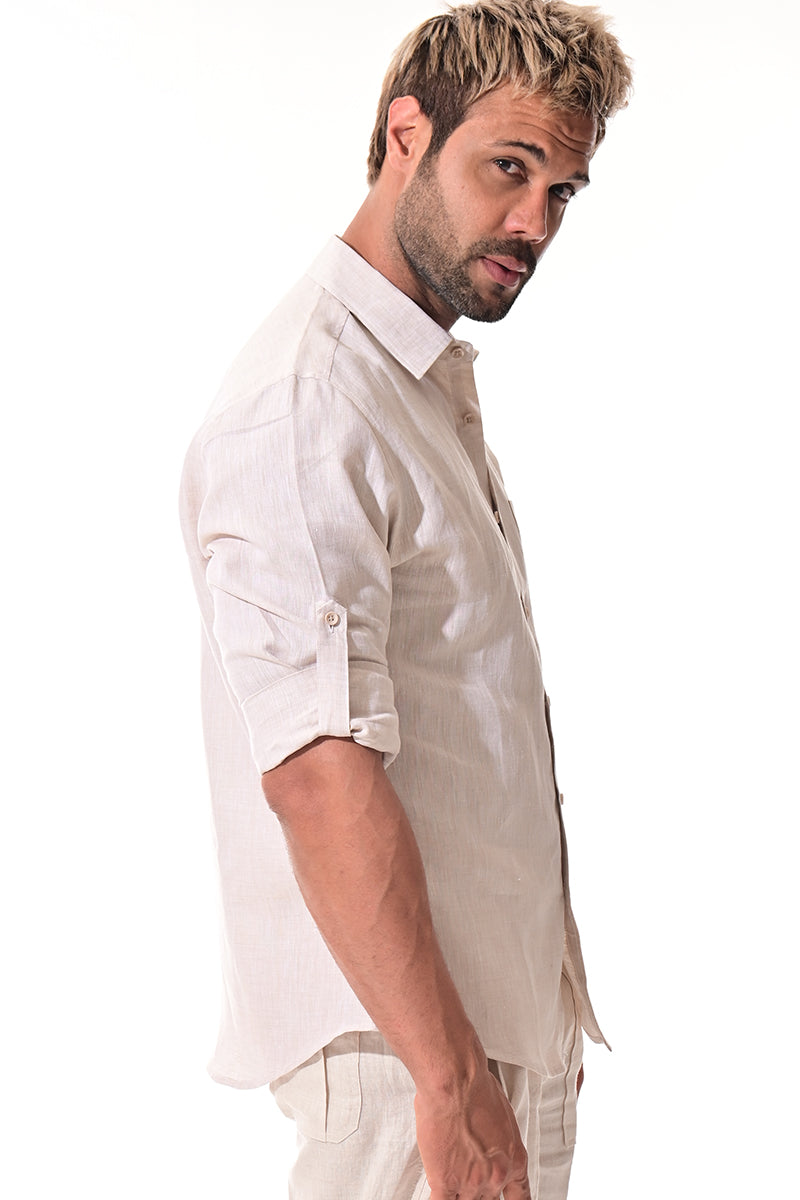Men Linen Yarn Dye Roll-Up Slv Shirt-RED-Color Options-MLS1358-6 PCS/PRE-PACK