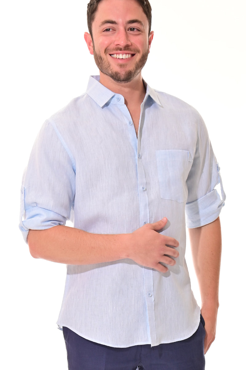 Men Linen Yarn Dye Roll-Up Slv Shirt-RED-Color Options-MLS1358-6 PCS/PRE-PACK