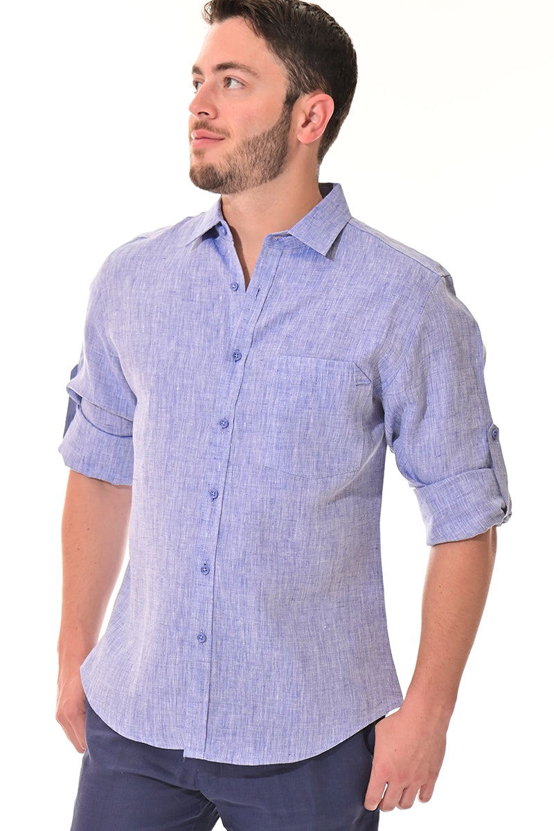 Men Linen Yarn Dye Roll-Up Slv Shirt-RED-Color Options-MLS1358-6 PCS/PRE-PACK