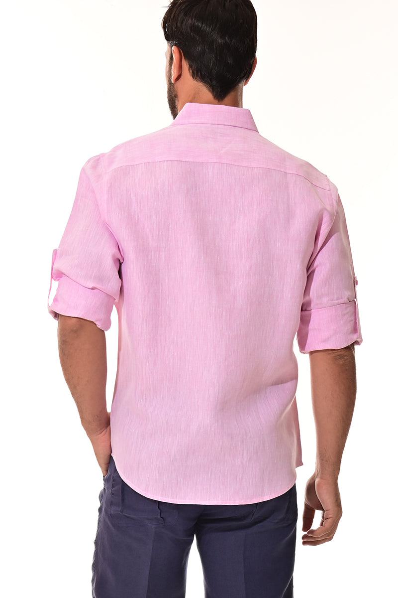 Men Linen Yarn Dye Roll-Up Slv Shirt-RED-Color Options-MLS1358-6 PCS/PRE-PACK