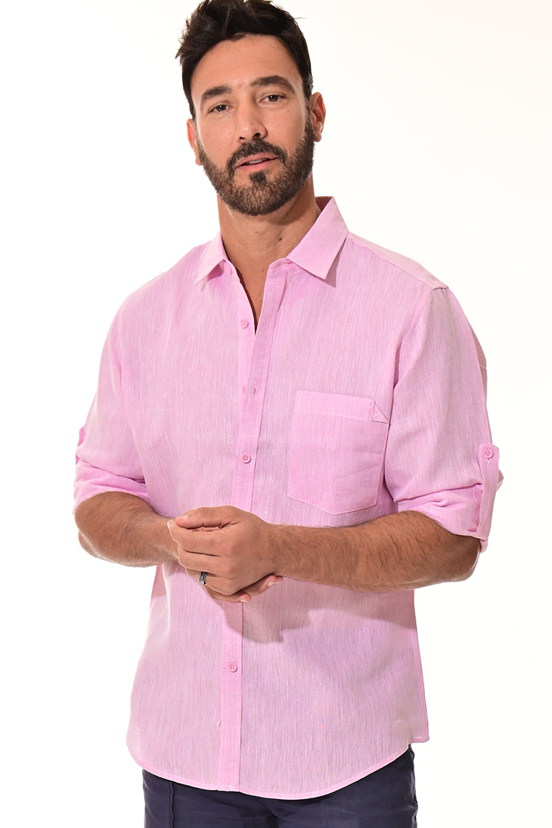 Men Linen Yarn Dye Roll-Up Slv Shirt-RED-Color Options-MLS1358-6 PCS/PRE-PACK