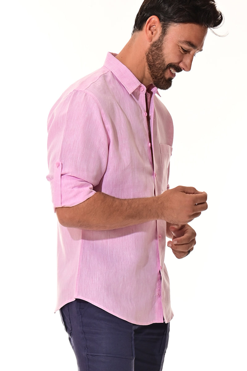 Men Linen Yarn Dye Roll-Up Slv Shirt-RED-Color Options-MLS1358-6 PCS/PRE-PACK