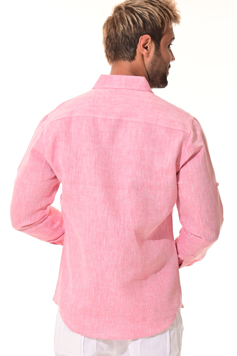 Men Linen Yarn Dye Roll-Up Slv Shirt-RED-Color Options-MLS1358-6 PCS/PRE-PACK