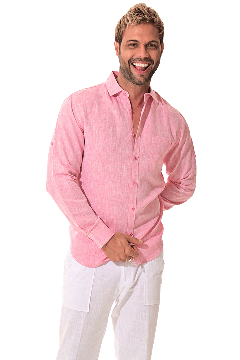 Men Linen Yarn Dye Roll-Up Slv Shirt-RED-Color Options-MLS1358-6 PCS/PRE-PACK