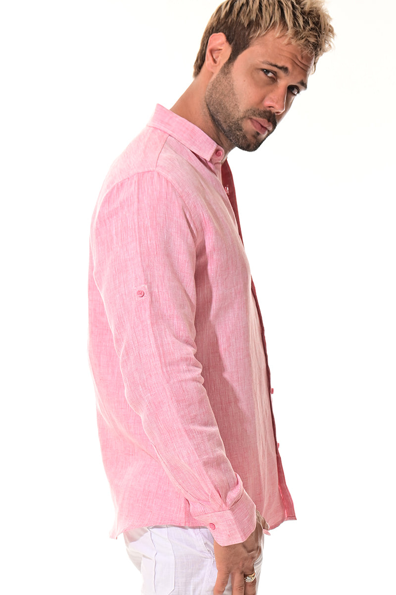 Men Linen Yarn Dye Roll-Up Slv Shirt-RED-Color Options-MLS1358-6 PCS/PRE-PACK