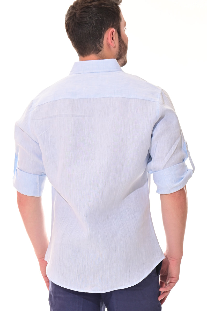 Men Linen Yarn Dye Roll-Up Slv Shirt-RED-Color Options-MLS1358-6 PCS/PRE-PACK