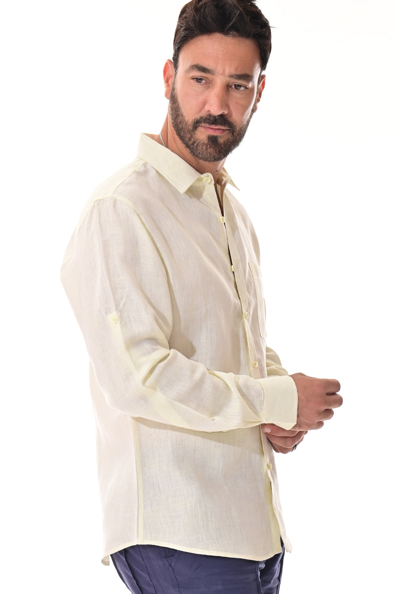 Men Linen Yarn Dye Roll-Up Slv Shirt-RED-Color Options-MLS1358-6 PCS/PRE-PACK