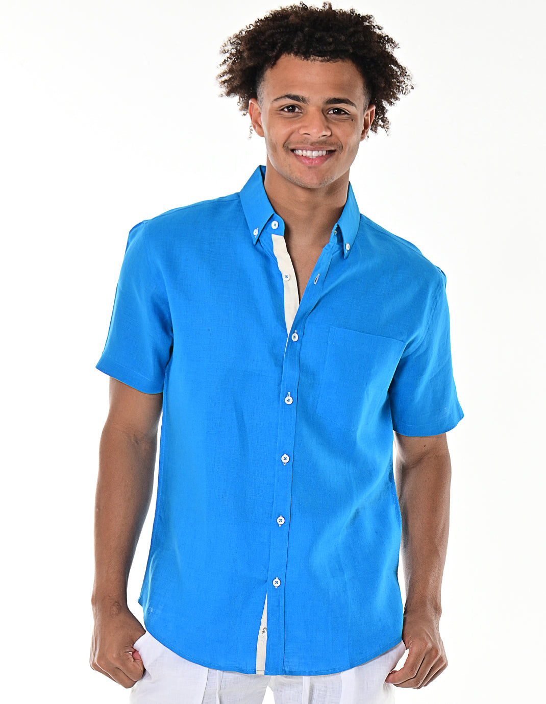 Men Linen Shirt Short Sleeve ROYAL - MLS1554
