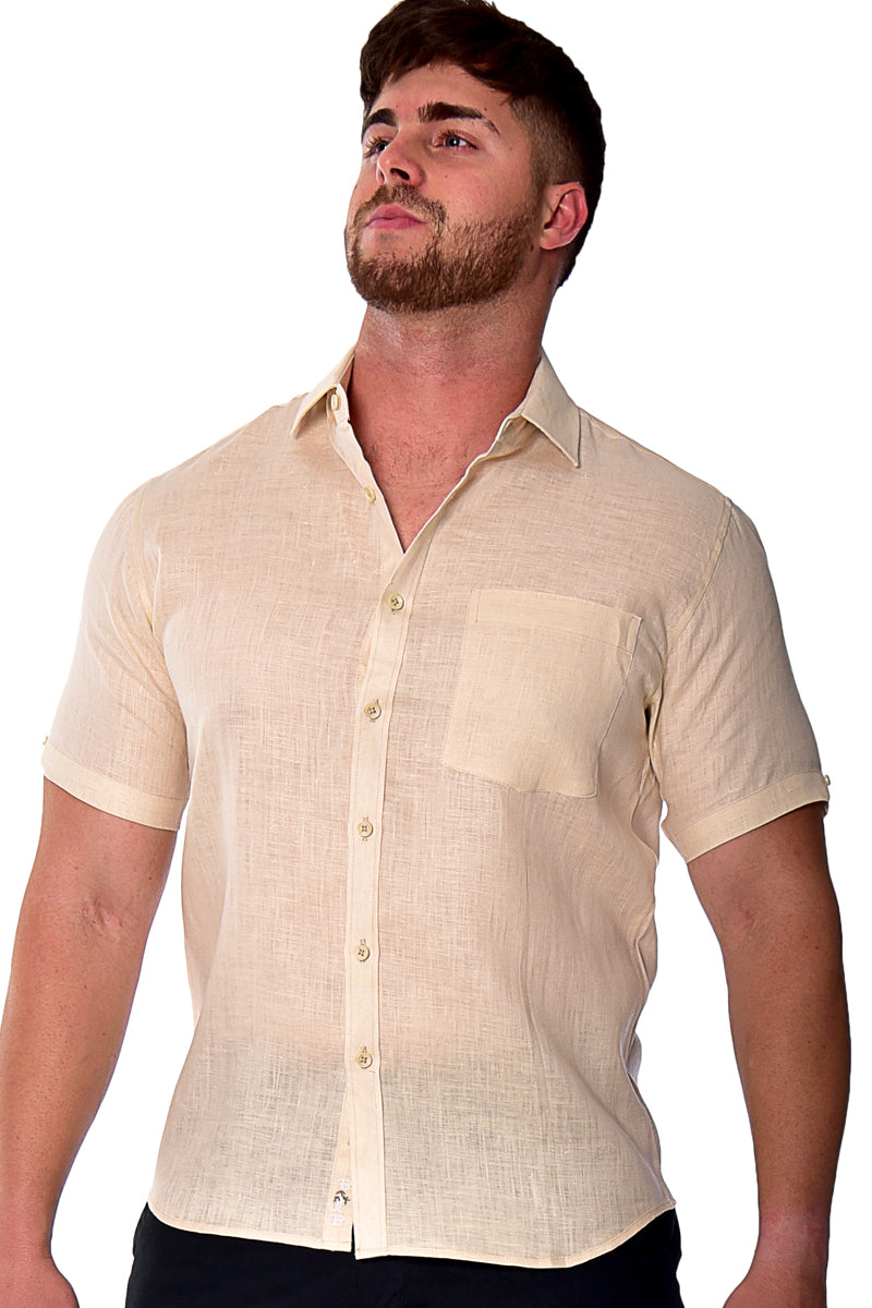 Men Linen Plain Shirt Short Sleeve - Beige - MLS2042- 6 PCS/PRE-PACK