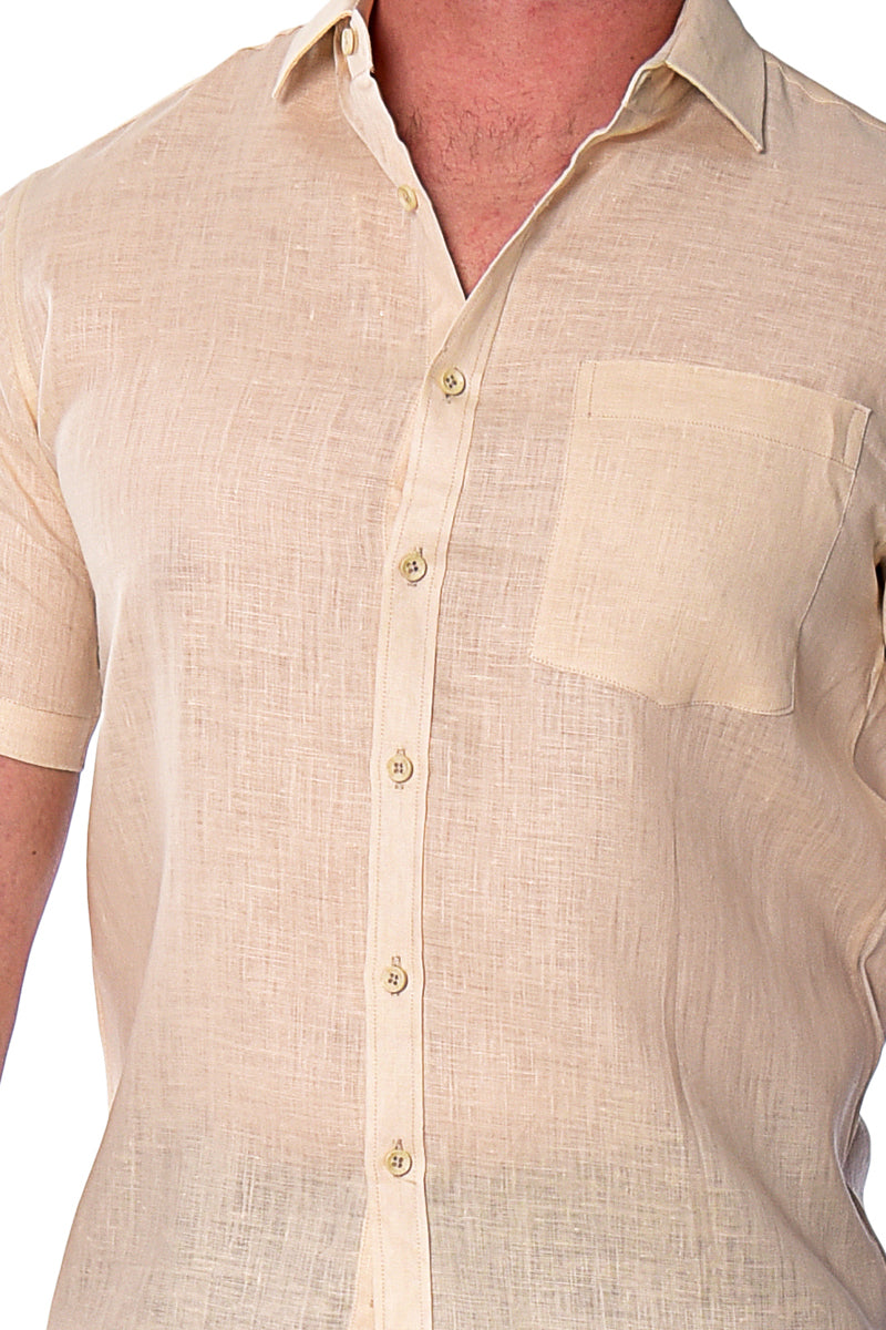 Men Linen Plain Shirt Short Sleeve - Beige - MLS2042- 6 PCS/PRE-PACK