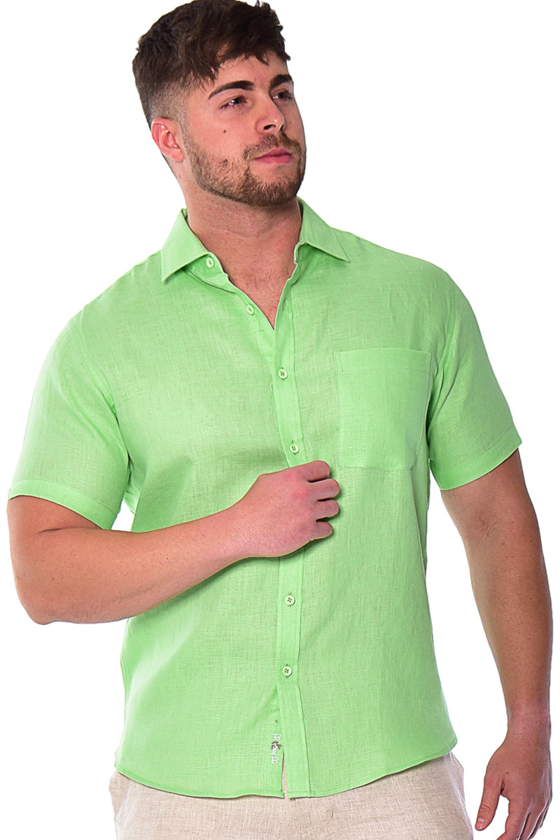 Men Linen Plain Shirt Short Sleeve - Beige - MLS2042- 6 PCS/PRE-PACK