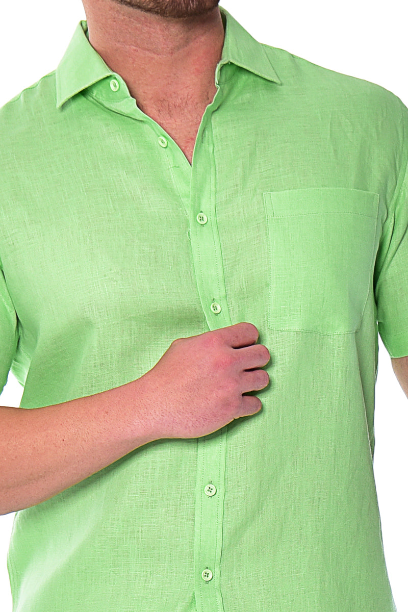 Men Linen Plain Shirt Short Sleeve - Beige - MLS2042- 6 PCS/PRE-PACK