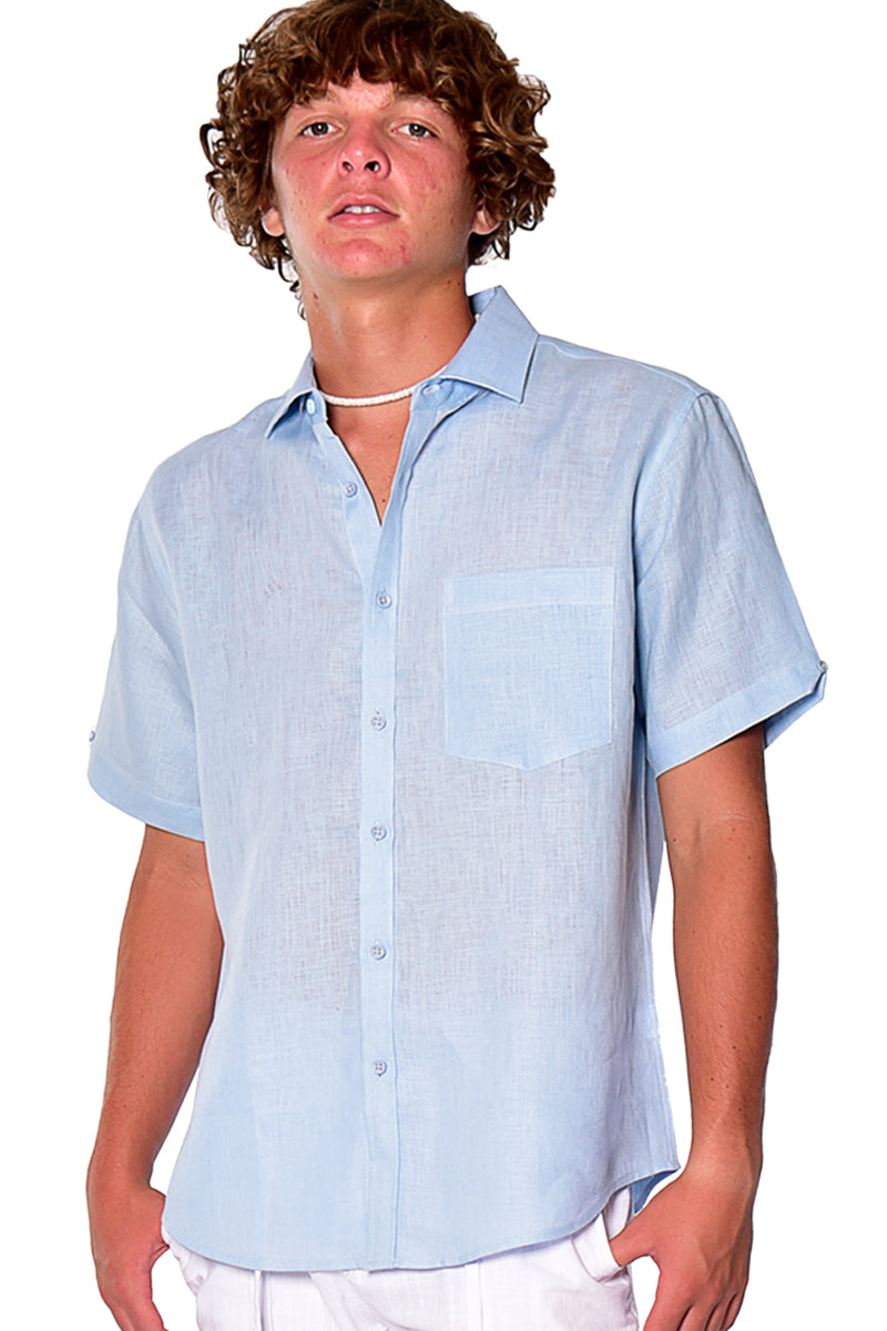 Men Linen Plain Shirt Short Sleeve - Beige - MLS2042- 6 PCS/PRE-PACK