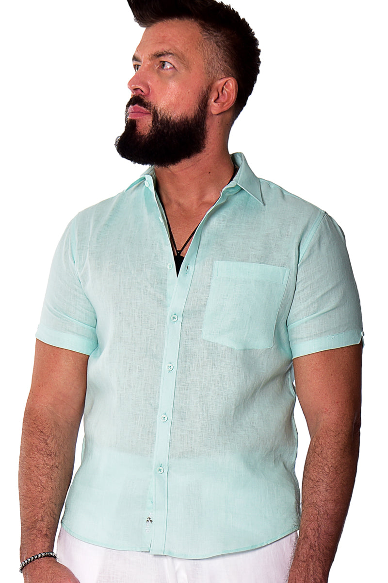Men Linen Plain Shirt Short Sleeve - Beige - MLS2042- 6 PCS/PRE-PACK