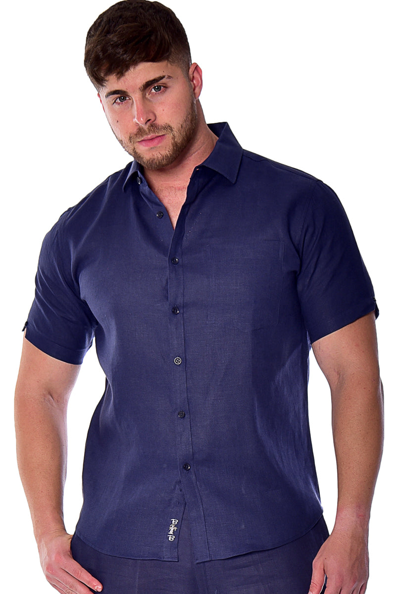 Men Linen Plain Shirt Short Sleeve - Beige - MLS2042- 6 PCS/PRE-PACK