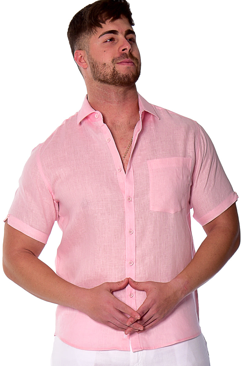 Men Linen Plain Shirt Short Sleeve - Beige - MLS2042- 6 PCS/PRE-PACK