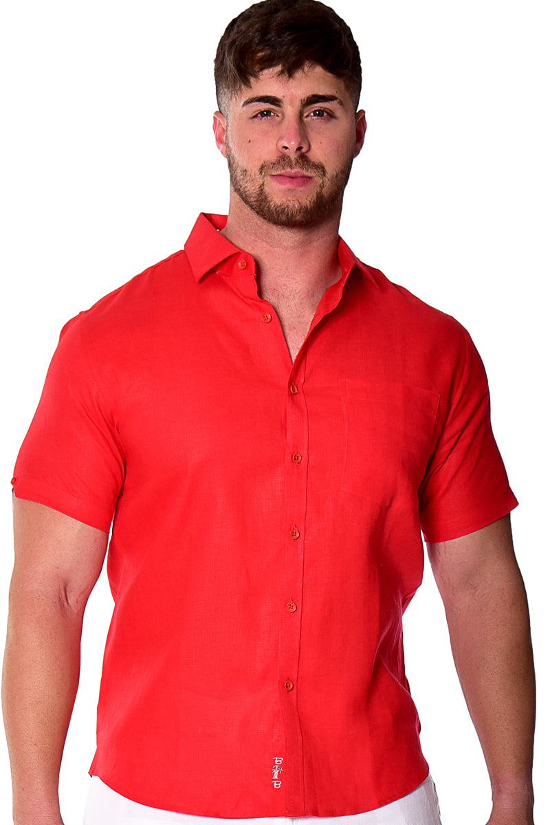 Men Linen Plain Shirt Short Sleeve - Beige - MLS2042- 6 PCS/PRE-PACK