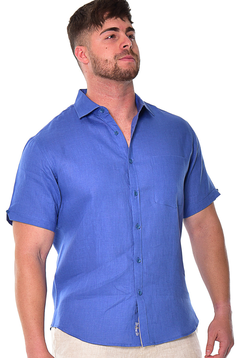 Men Linen Plain Shirt Short Sleeve - Beige - MLS2042- 6 PCS/PRE-PACK