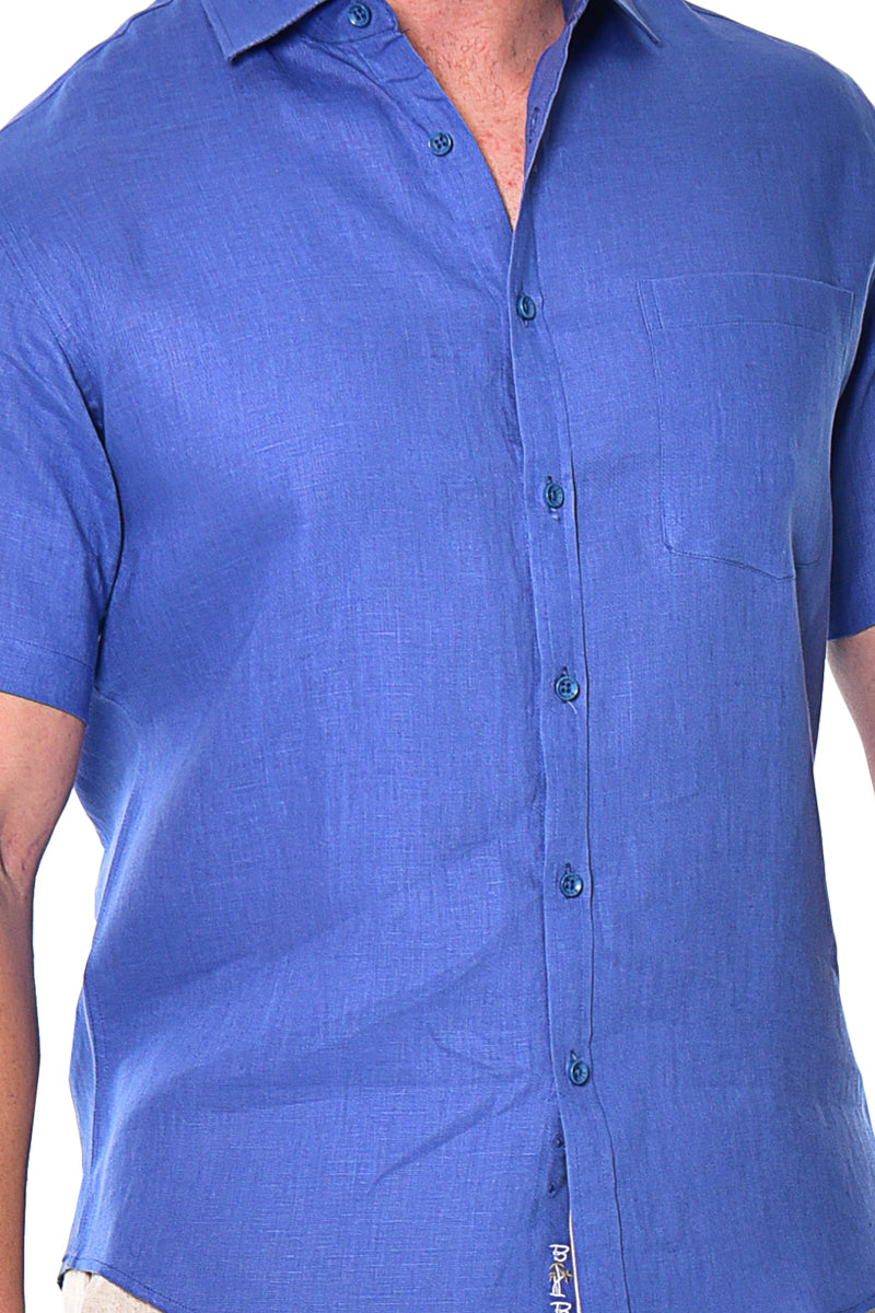 Men Linen Plain Shirt Short Sleeve - Beige - MLS2042- 6 PCS/PRE-PACK