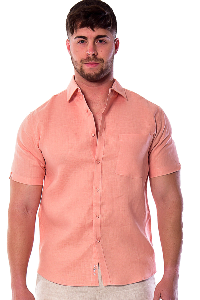 Men Linen Plain Shirt Short Sleeve - Beige - MLS2042- 6 PCS/PRE-PACK