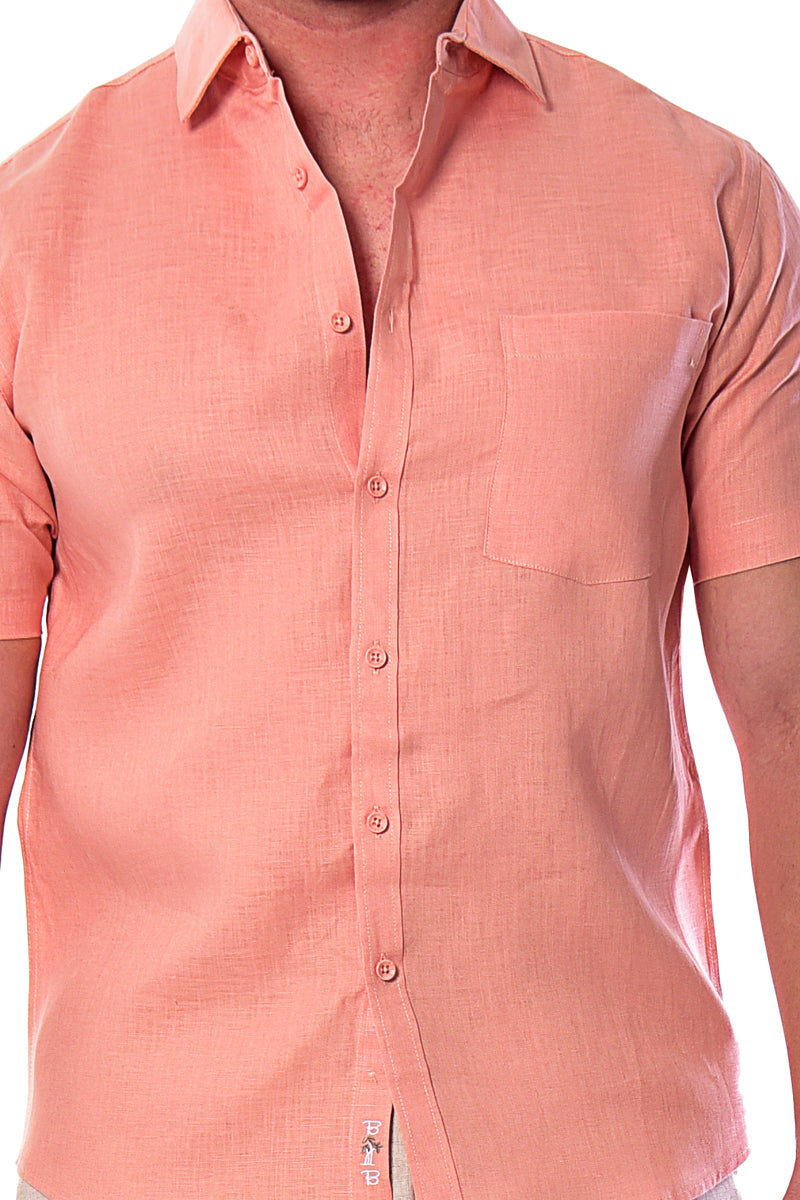 Men Linen Plain Shirt Short Sleeve - Beige - MLS2042- 6 PCS/PRE-PACK