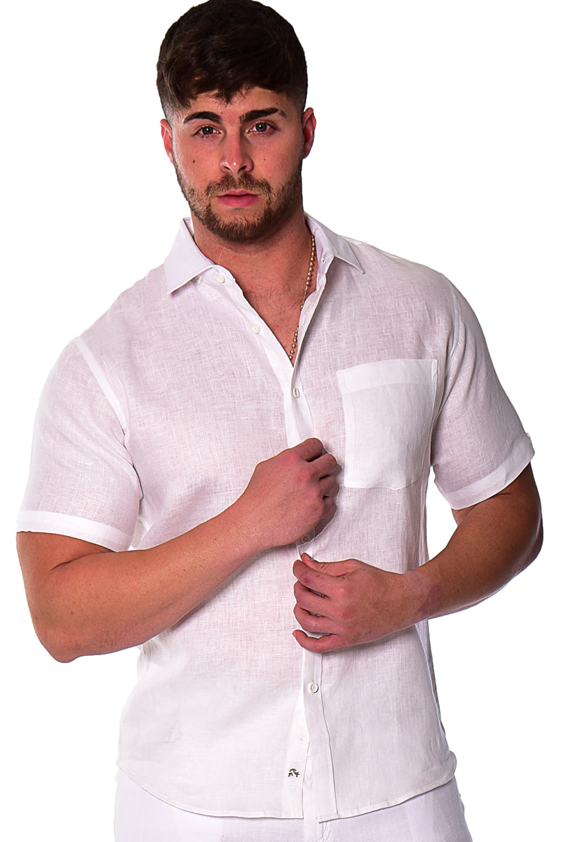 Men Linen Plain Shirt Short Sleeve - Beige - MLS2042- 6 PCS/PRE-PACK