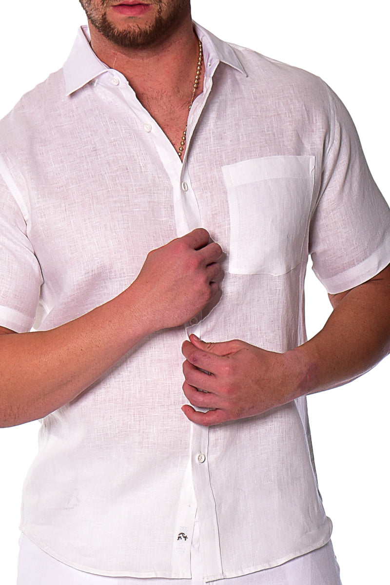 Men Linen Plain Shirt Short Sleeve - Beige - MLS2042- 6 PCS/PRE-PACK