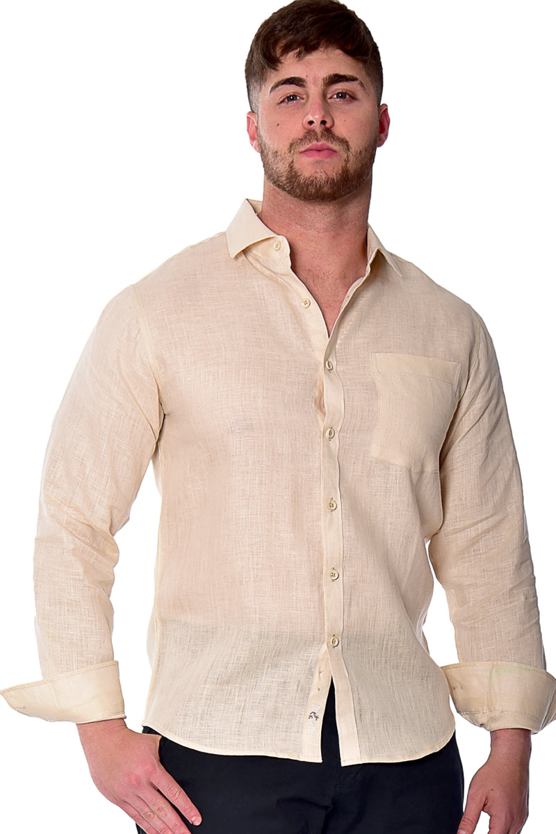 Men Linen Plain Shirt Long Sleeve GREEN - Color Options - MLS2043- 6 PCS/PRE-PACK