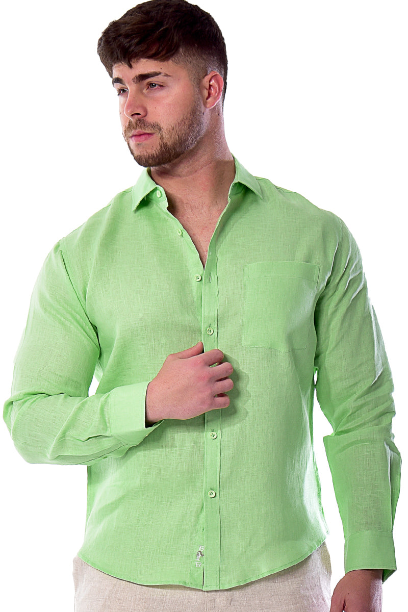 Men Linen Plain Shirt Long Sleeve GREEN - Color Options - MLS2043- 6 PCS/PRE-PACK
