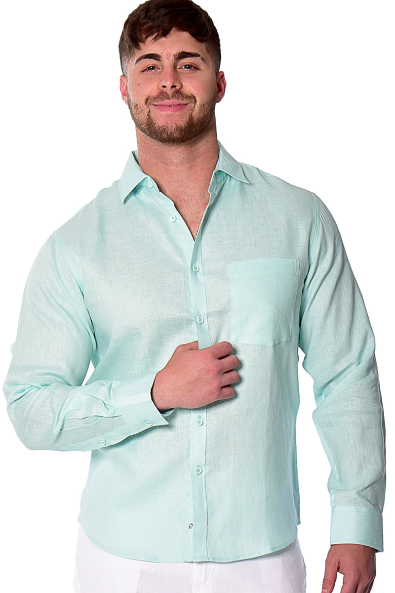 Men Linen Plain Shirt Long Sleeve GREEN - Color Options - MLS2043- 6 PCS/PRE-PACK