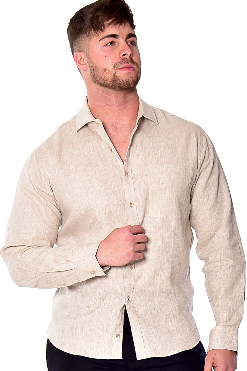 Men Linen Plain Shirt Long Sleeve GREEN - Color Options - MLS2043- 6 PCS/PRE-PACK