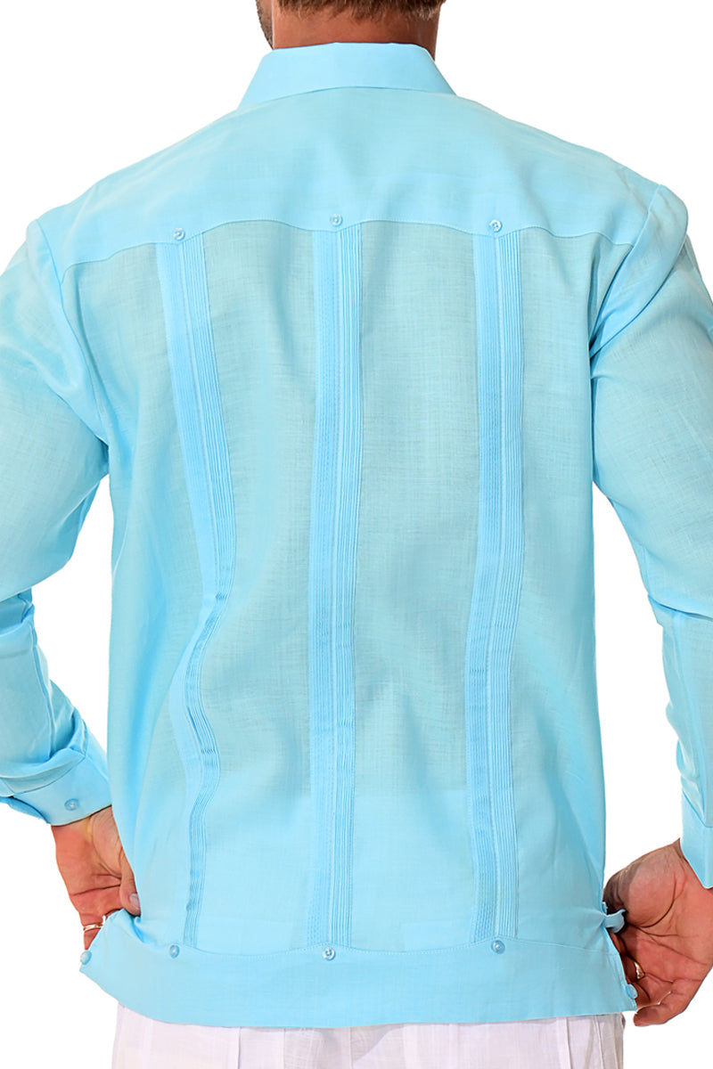 Men L/S Guayabera 100% Linen Traditional 4 pocket-LT. BLUE-Color Options-MLS501 - 6 PCS/PRE-PACK