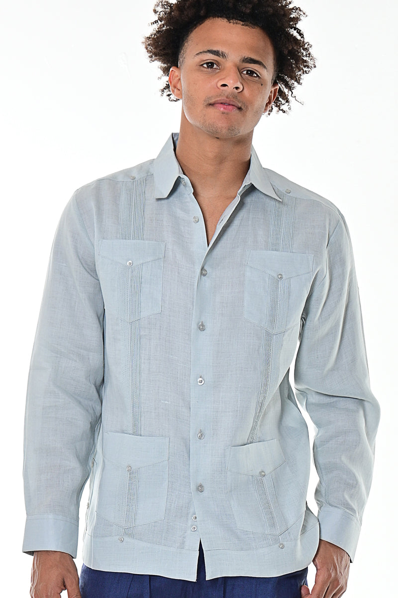 Men L/S Guayabera 100% Linen Traditional 4 pocket-LT. BLUE-Color Options-MLS501 - 6 PCS/PRE-PACK
