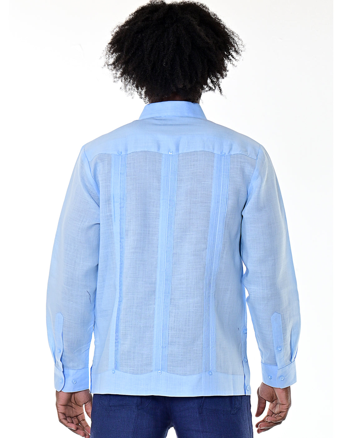Men L/S Guayabera 100% Linen Traditional 4 pocket-LT. BLUE-Color Options-MLS501 - 6 PCS/PRE-PACK
