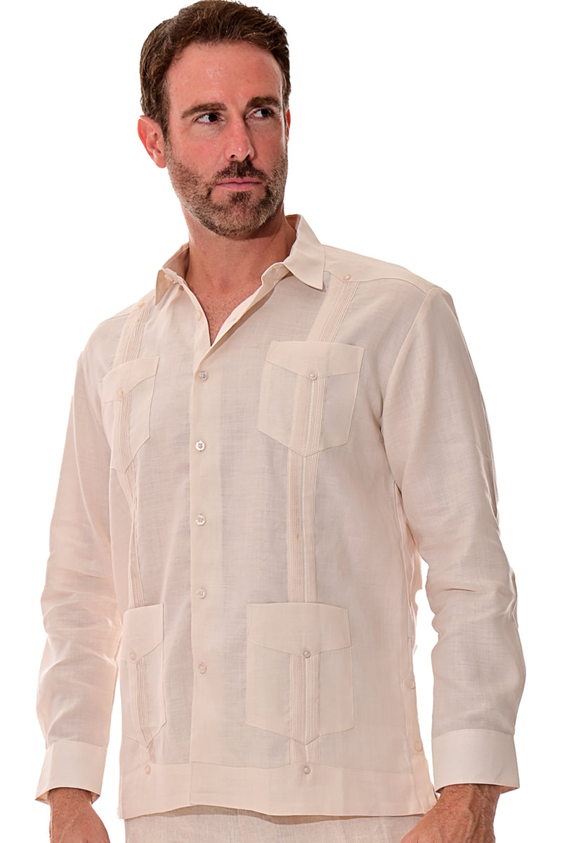 Men L/S Guayabera 100% Linen Traditional 4 pocket-LT. BLUE-Color Options-MLS501 - 6 PCS/PRE-PACK