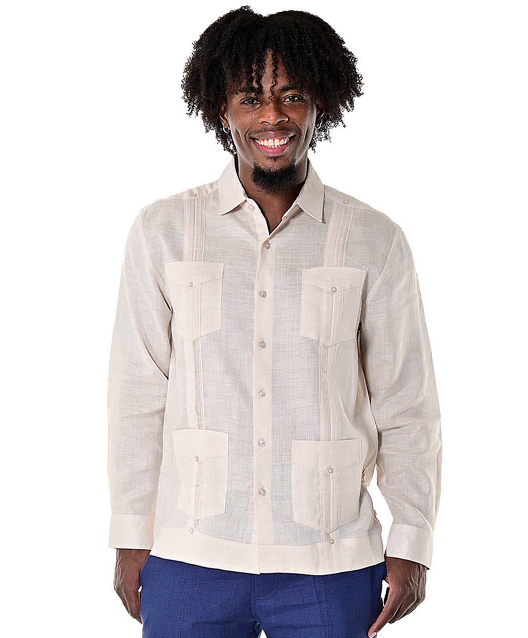 Men L/S Guayabera 100% Linen Traditional 4 pocket-LT. BLUE-Color Options-MLS501 - 6 PCS/PRE-PACK