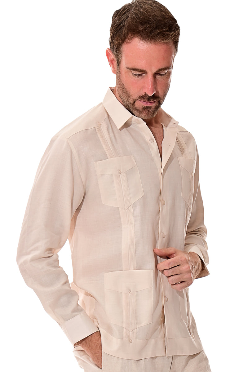 Men L/S Guayabera 100% Linen Traditional 4 pocket-LT. BLUE-Color Options-MLS501 - 6 PCS/PRE-PACK