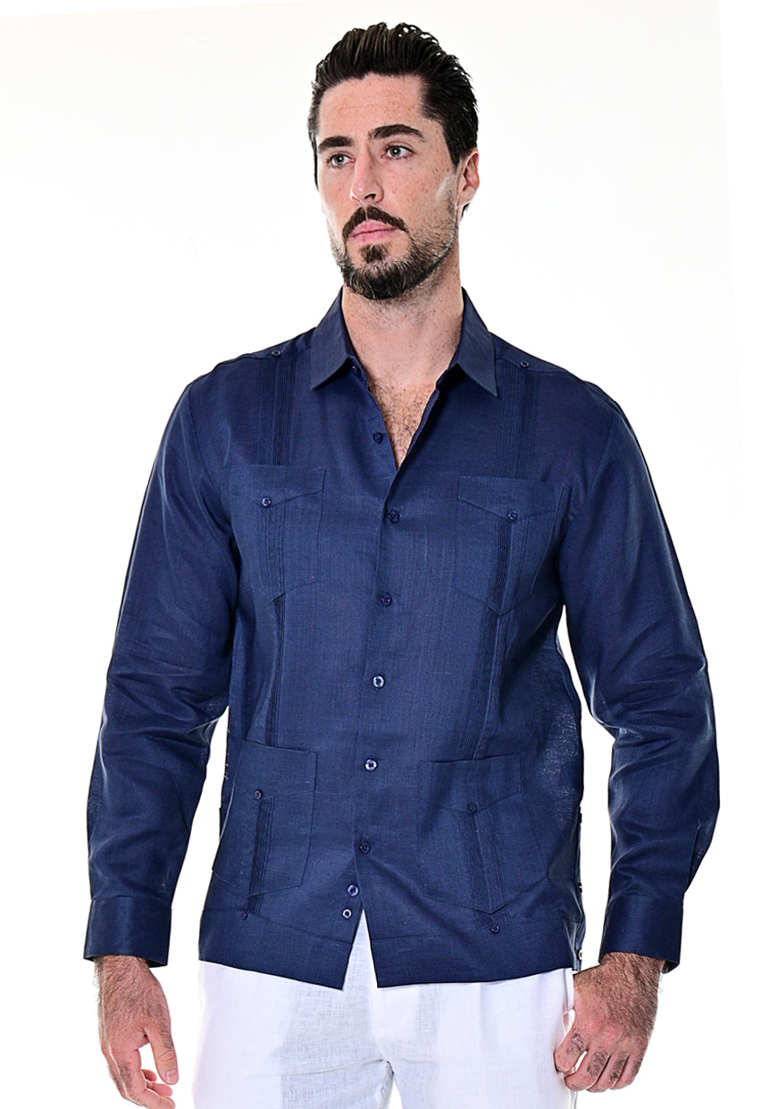 Men L/S Guayabera 100% Linen Traditional 4 pocket-LT. BLUE-Color Options-MLS501 - 6 PCS/PRE-PACK
