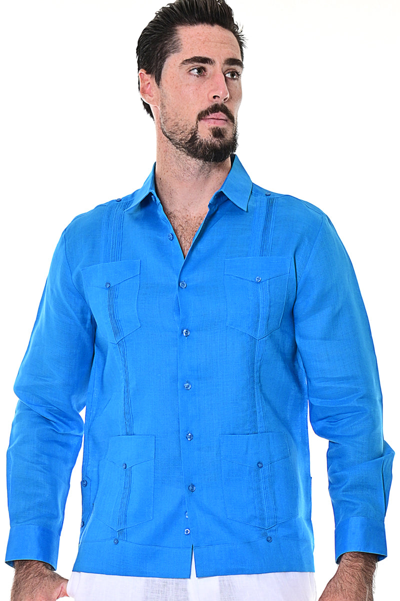 Men L/S Guayabera 100% Linen Traditional 4 pocket-LT. BLUE-Color Options-MLS501 - 6 PCS/PRE-PACK