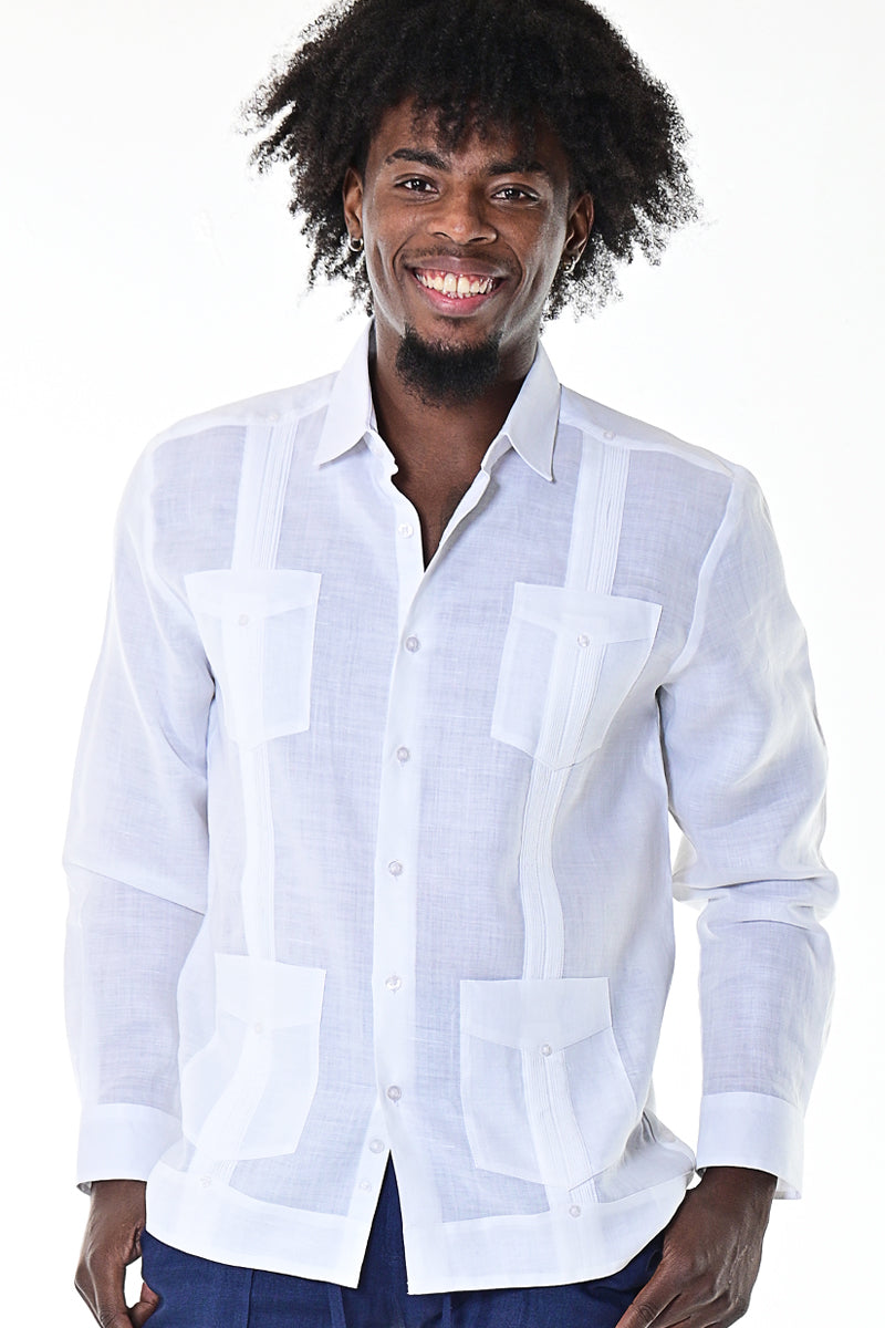 Men L/S Guayabera 100% Linen Traditional 4 pocket-LT. BLUE-Color Options-MLS501 - 6 PCS/PRE-PACK