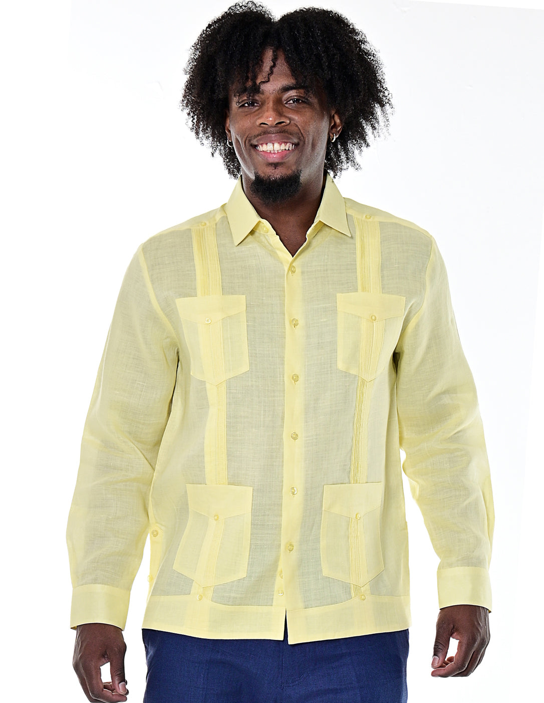 Men L/S Guayabera 100% Linen Traditional 4 pocket-LT. BLUE-Color Options-MLS501 - 6 PCS/PRE-PACK